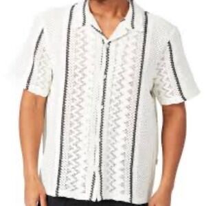 VSTR Mens XL White Black Crochet Knit Camp Shirt Short Sleeve Striped Resortwear